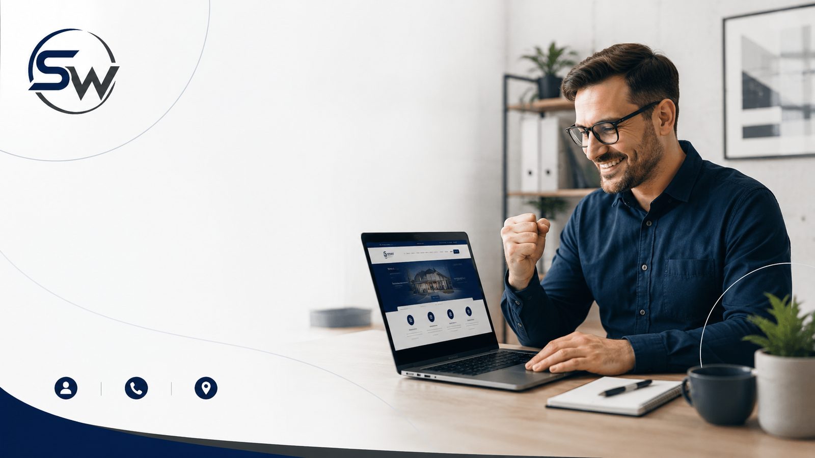 A business owner at his own desk, making a change to his own website.
