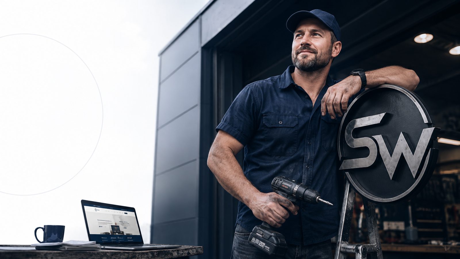 A tradesman standing beside his own sign, outside his own shop.
