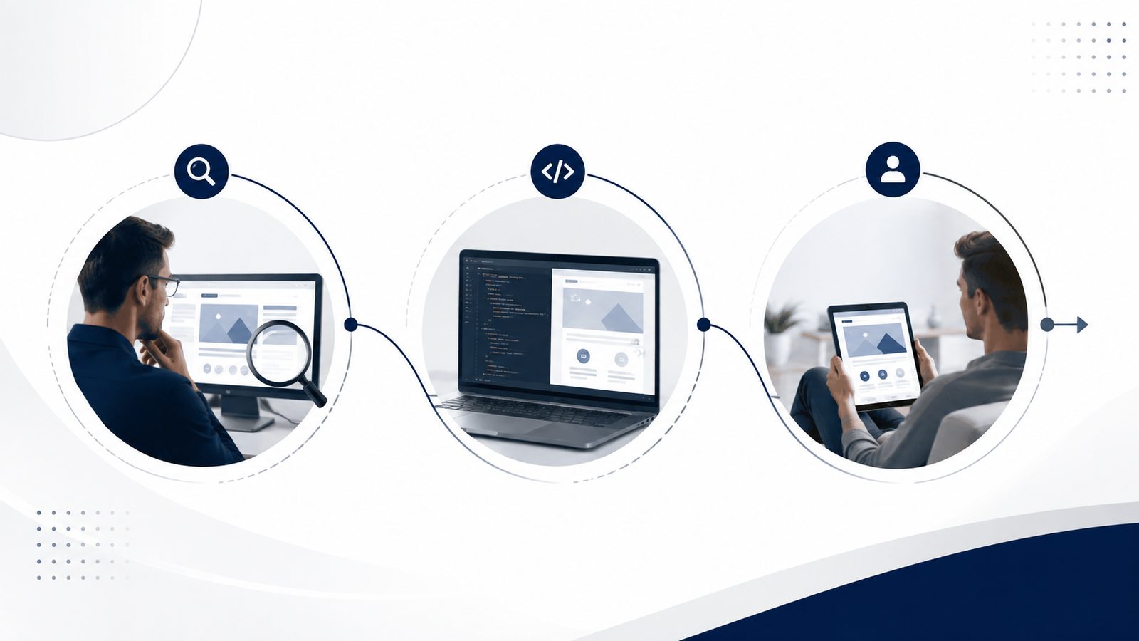 The three steps in order. We look at the business, we build to what we found, and then you own it.